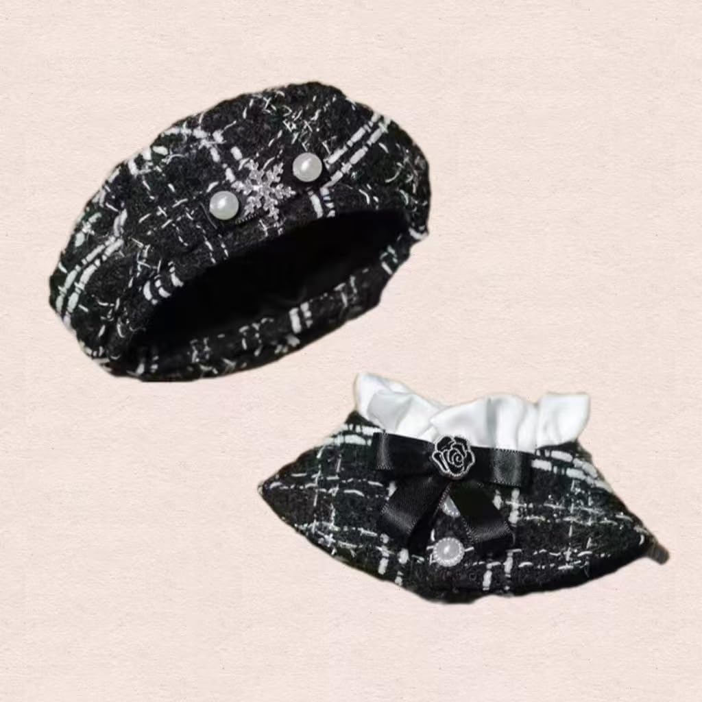 ぬい次郎 ベレー帽＆ポンチョ セット ぬい服 10cmぬいぐるみ用 白 ホワイト チェック柄 帽子 マント ぬい撮り 推し活 小物 男女兼用 (ピンク色のベレー帽+マント, 10cm用) [並行輸入品]