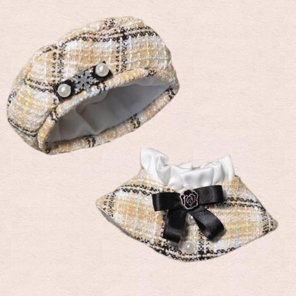 ぬい次郎 ベレー帽＆ポンチョ セット ぬい服 10cmぬいぐるみ用 白 ホワイト チェック柄 帽子 マント ぬい撮り 推し活 小物 男女兼用 (ピンク色のベレー帽+マント, 10cm用) [並行輸入品]